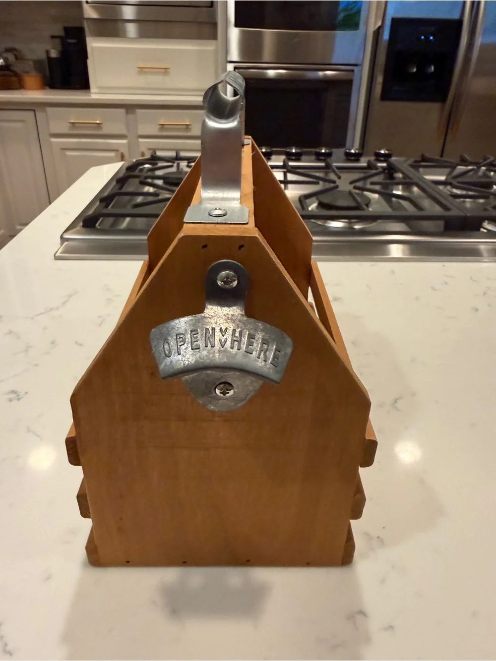Rustic Wooden Beer Bottle Caddy Carrier w/ Metal Bottle Opener Handle